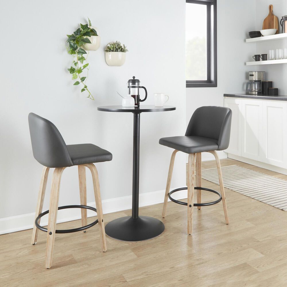 LumiSource Toriano Swivel Counter Stool with Grey Faux Leather Upholstery in Whitewashed and Black (Set of 2), , large