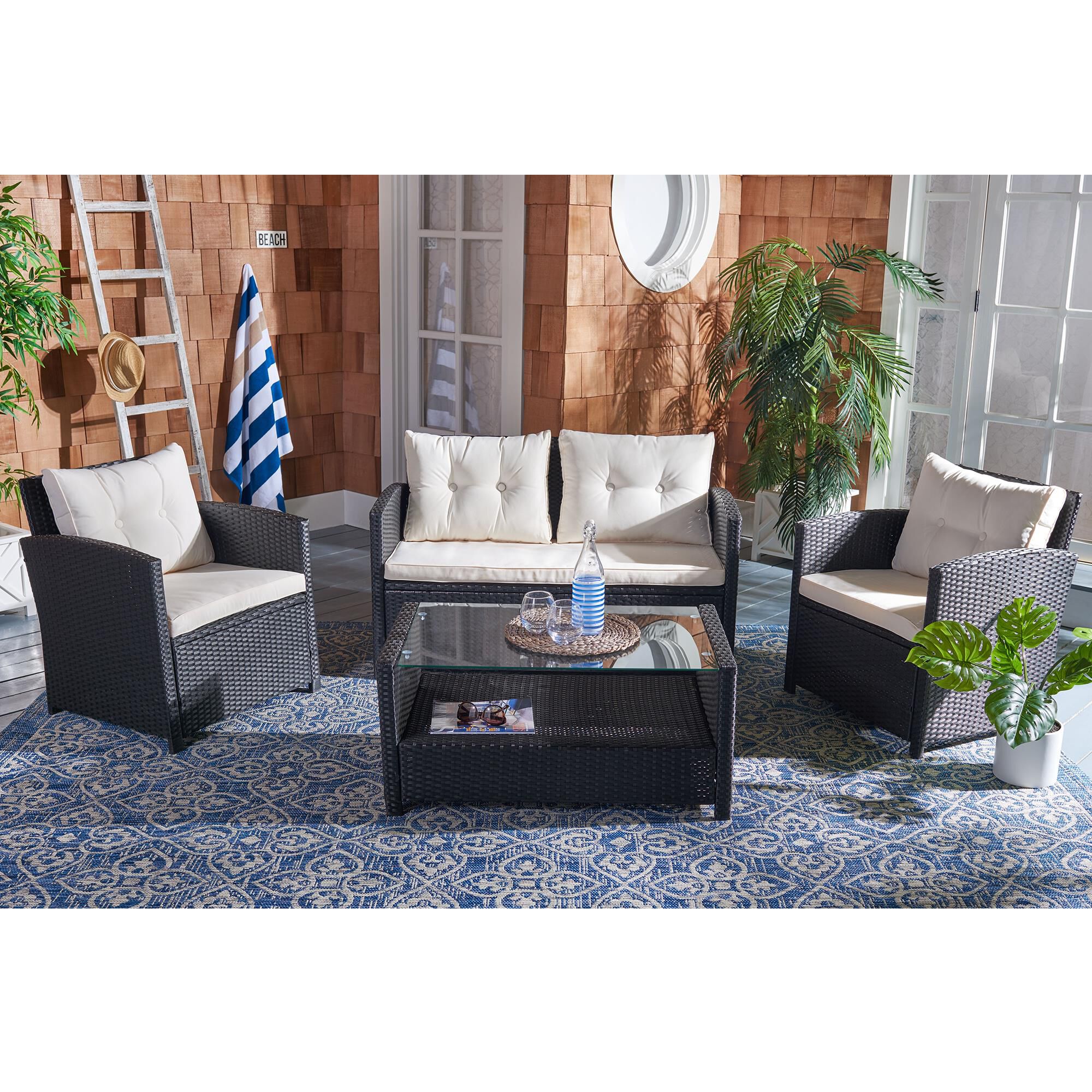 Safavieh Vellor 4 Piece Patio Living Set in Black Beige NFM