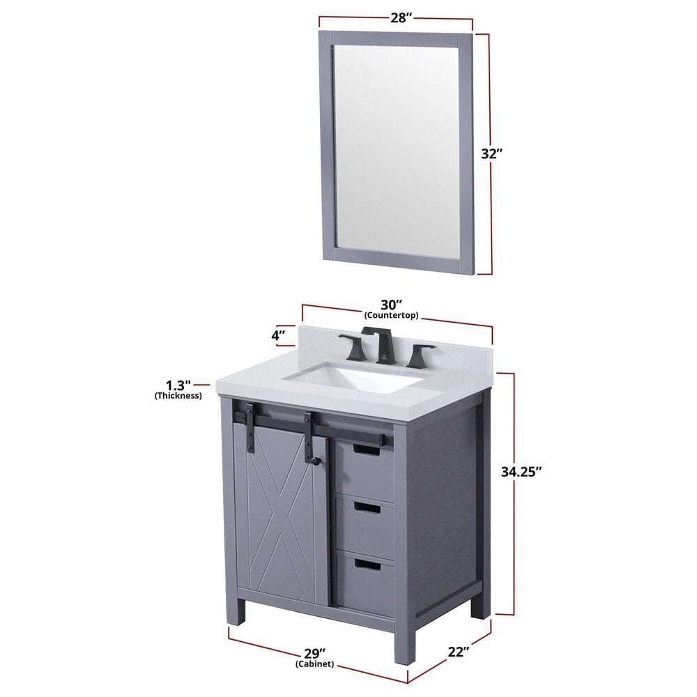 Lexora Home Marsyas 30&quot; Single Bathroom Vanity in White with Grey Quartz Top and Rectangular Sink, , large