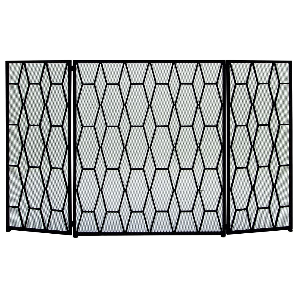 Maple and Jade Geometric Foldable Three Panel Fireplace Screen with Mesh Netting in Matte Black, , large