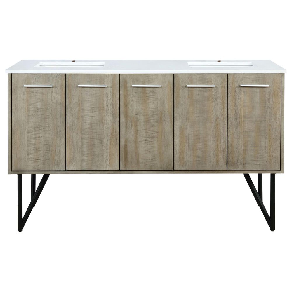 Lexora Home Lancy 60&quot; Double Bathroom Vanity in Rustic Acacia with 2 cm White Quartz Top and Rectangular Sinks, , large