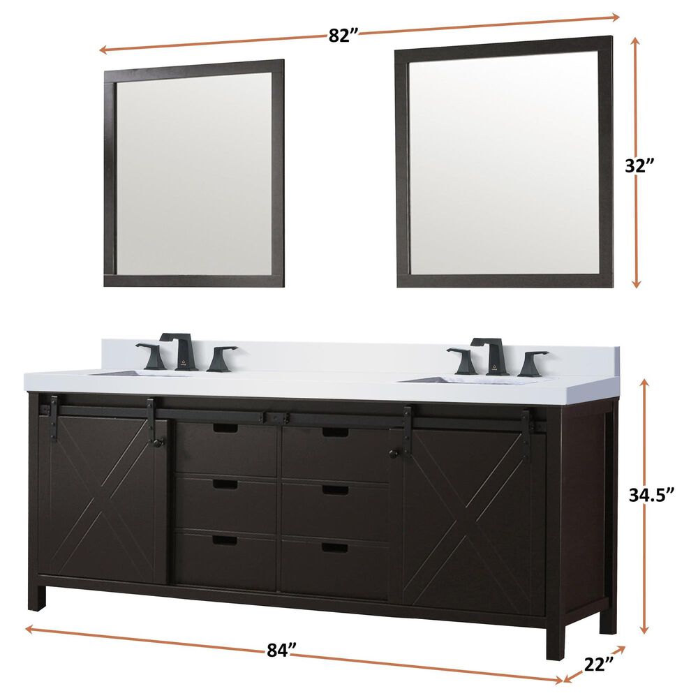 Lexora Home Marsyas 84&quot; Double Bathroom Vanity in Brown with White Quartz Top and Rectangular Sinks, , large