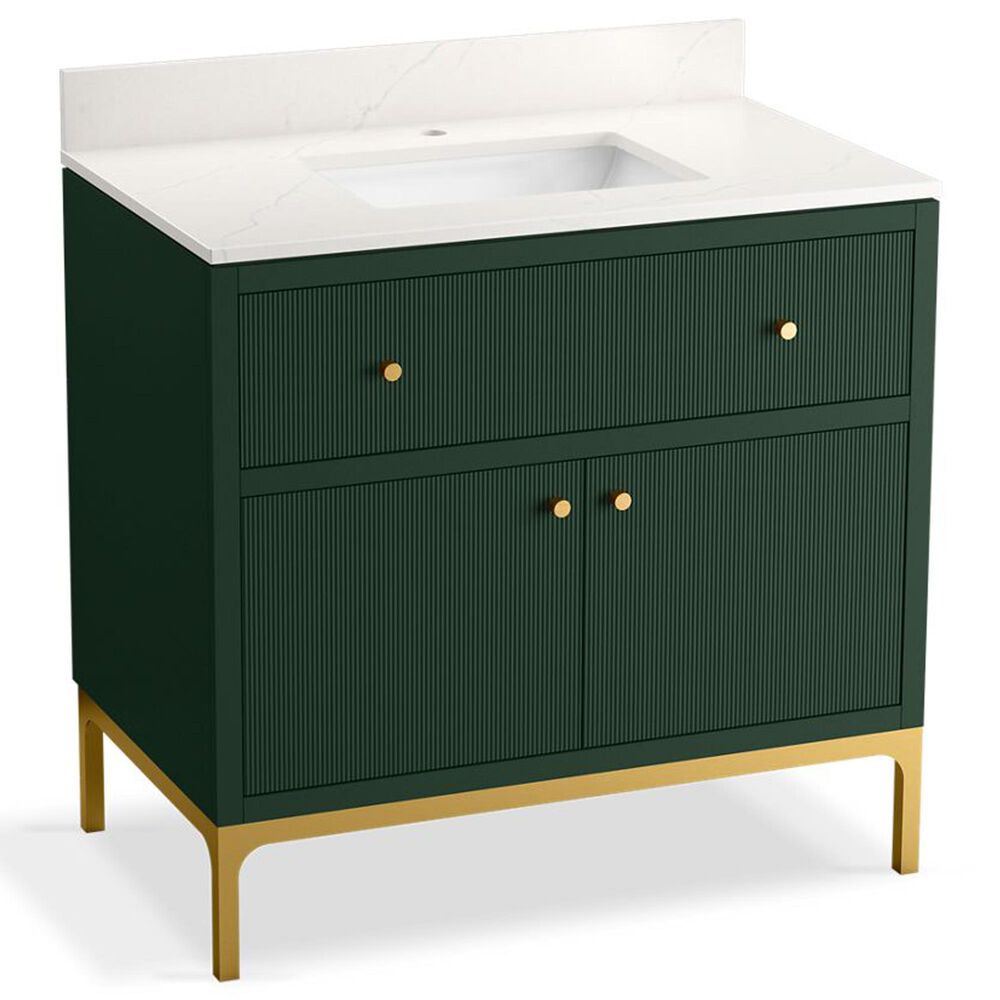 Kohler Calpa 36" Single Bathroom Vanity in Emerald Green with 2 cm White Quartz Top and Rectangular Sink, , large