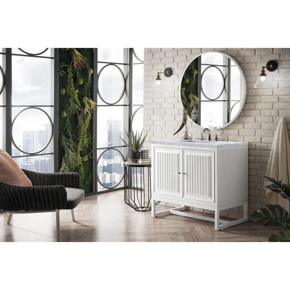 James Martin Vanities Athens 36&quot; Single Bathroom Vanity in Glossy White with 3 cm Carrara White Marble Top and Rectangular Sink, , large