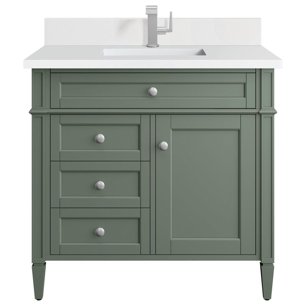 James Martin Vanities Brittany 36" Single Bathroom Vanity in Smokey Celadon with Single Hole 3 cm White Zeus Quartz Top and Rectangular Sink, , large