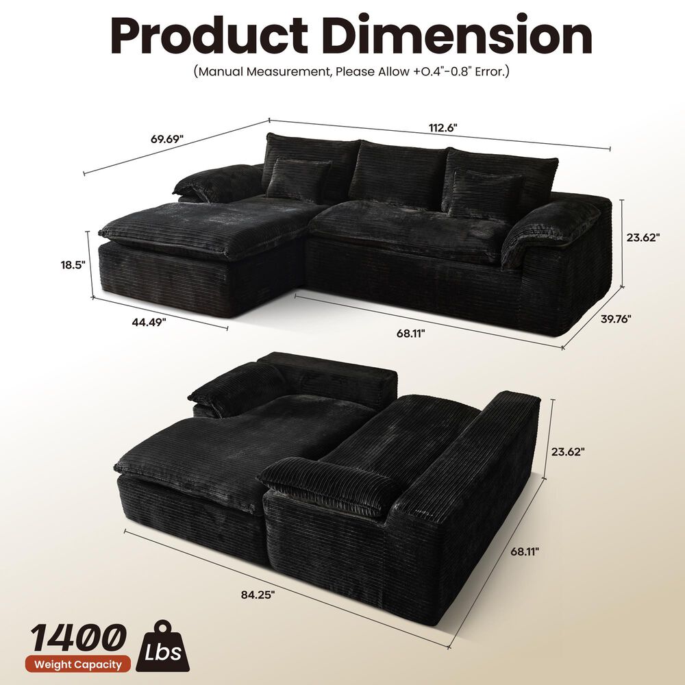 HOMLUX 112" Modern Sectional Sofa with Curved Armrests in Black, , large