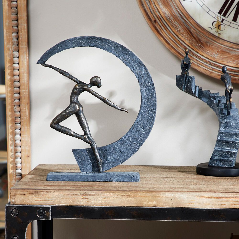Maple and Jade 15&quot; x 12&quot; Resin Dancer and Crescent Moon Shaped Sculpture in Dark Gray and Gold, , large