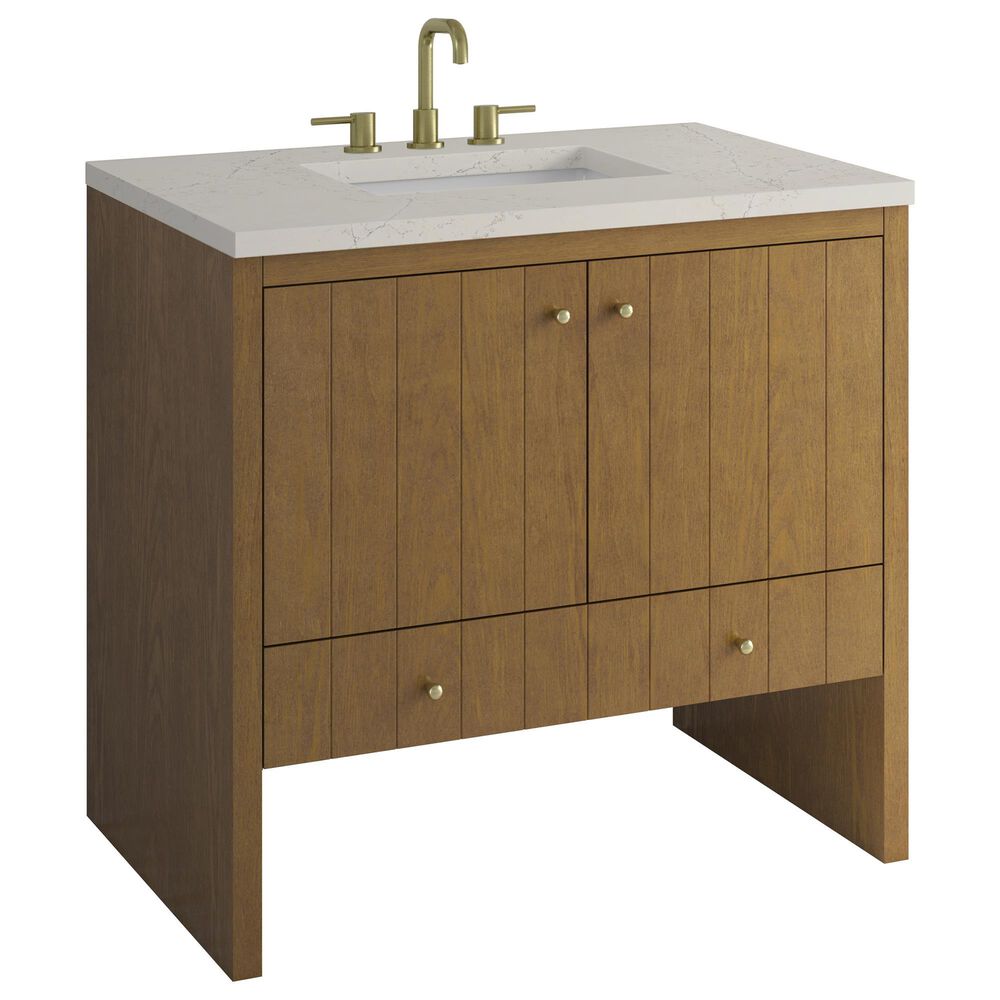 James Martin Hudson 36" Single Bathroom Vanity in Honey Oak with 3 cm Siberian Silestone Top and Rectangular Sink, , large
