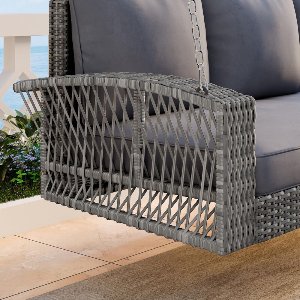Hearth and Haven Go Outdoor 3-Seater PE Rattan Wicker Porch Swing Bench in Gray, , large