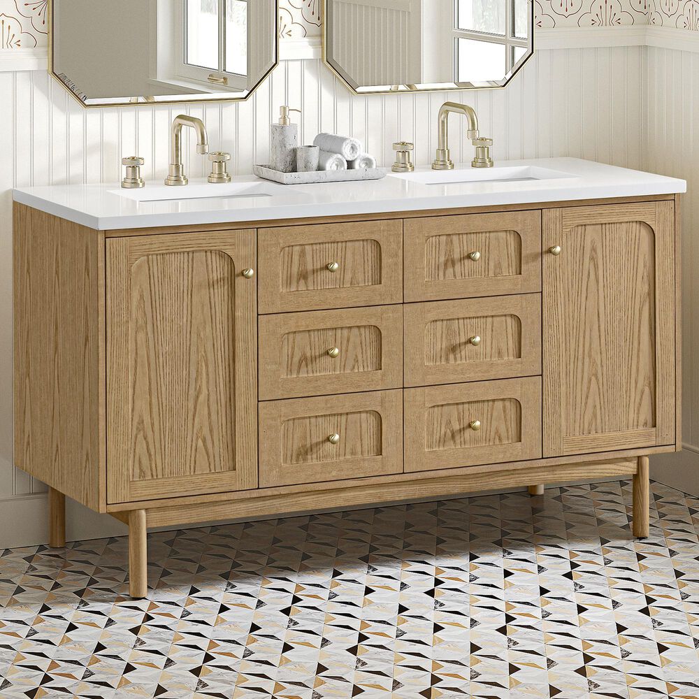 James Martin Vanities Laurent 60&quot; Double Bathroom Vanity in Light Natural Oak with 3 cm White Zeus Quartz Top and Rectangular Sinks, , large