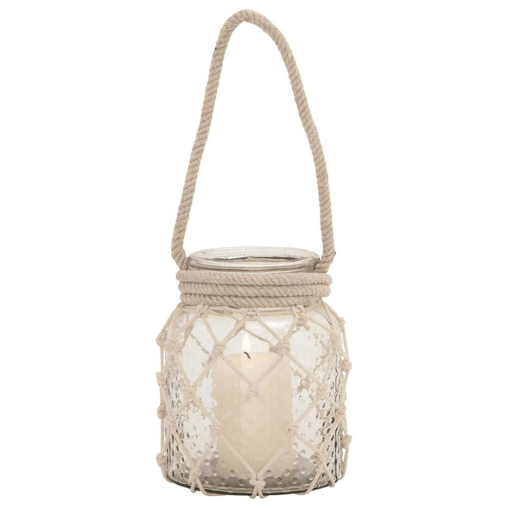 Maple and Jade Round Decorative Indoor/Outdoor Candle Lantern with Rope Handle in Clear and Cream, , large