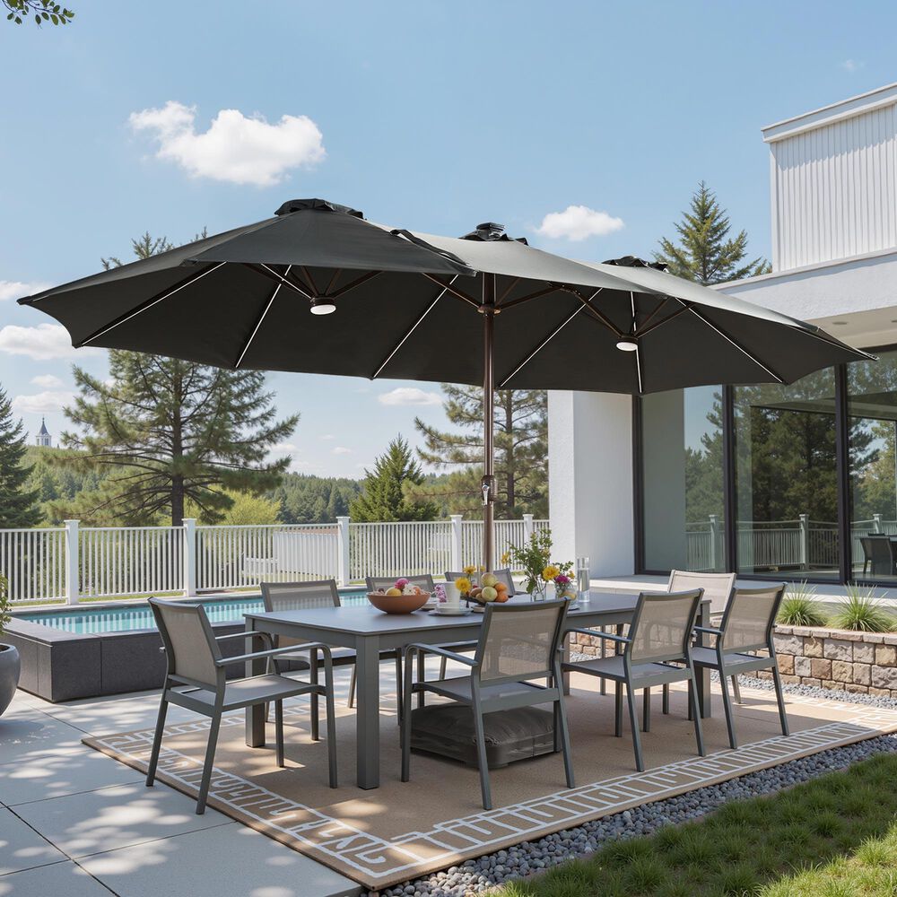 HOMLUX 15' Outdoor Market Umbrella with RGB Lights and Sandbags Base in Dark Grey, , large