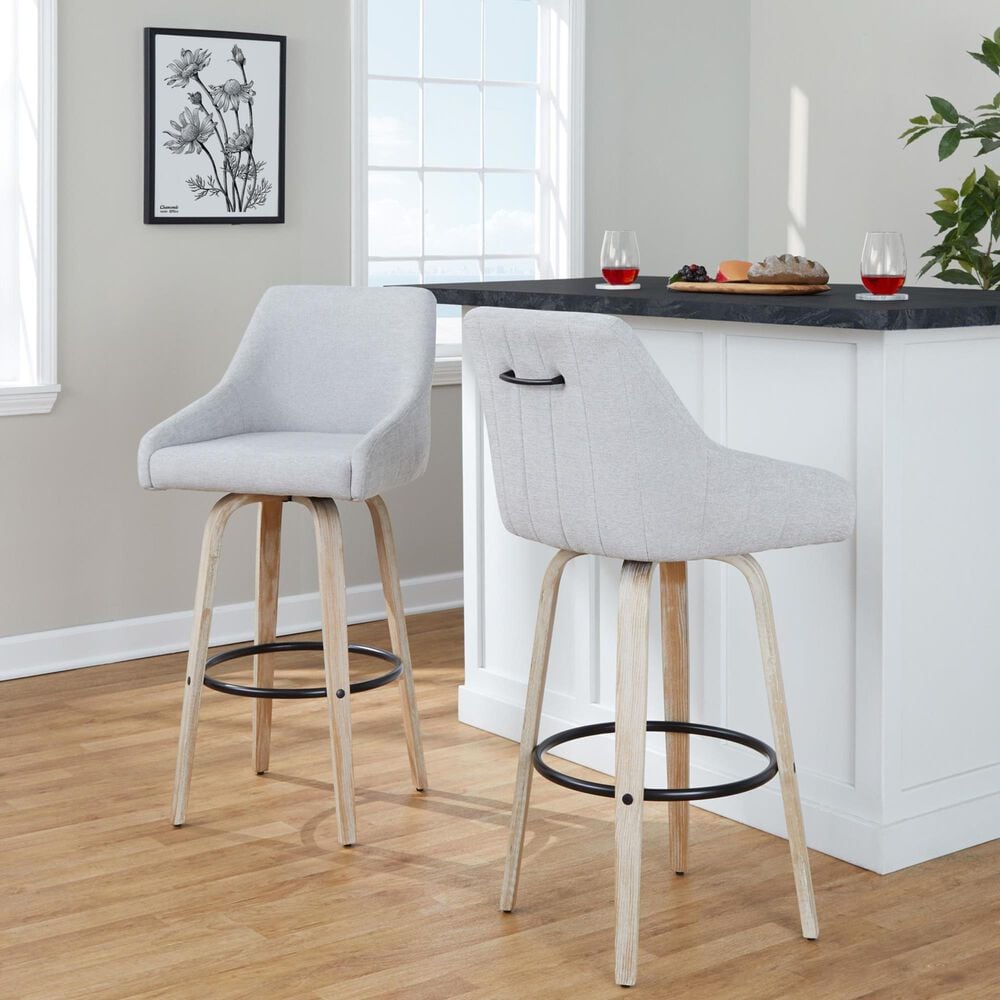 LumiSource Hannah Swivel Bar Stool with Grey Fabric Upholstery in Whitewashed and Black (Set of 2), , large