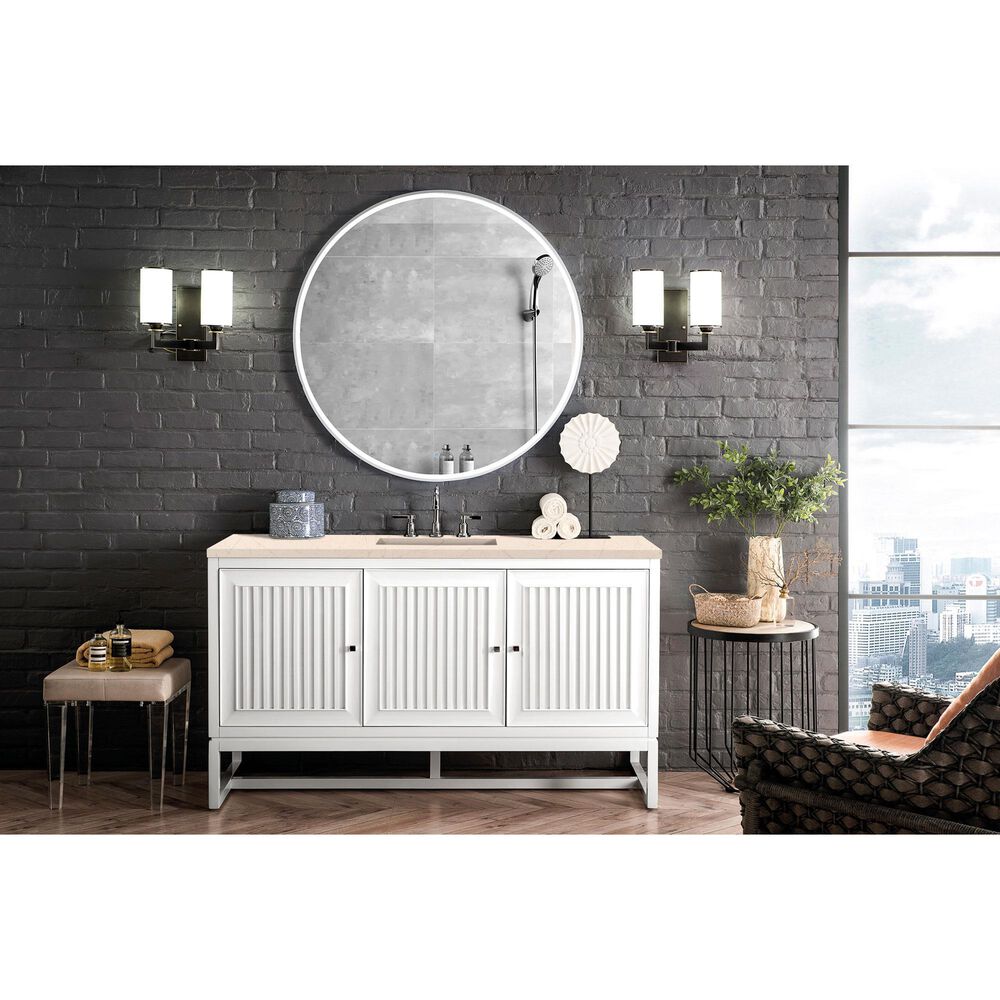 James Martin Vanities Athens 60&quot; Single Bathroom Vanity in Glossy White with 3 cm Carrara White Marble Top and Rectangular Sink, , large