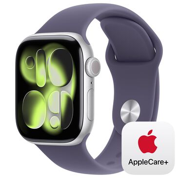 Apple Watch Series 11 (GPS) 42mm Aluminum Case with Purple Fog Sport Band - S/M in Silver and 2-Year AppleCare+, , large