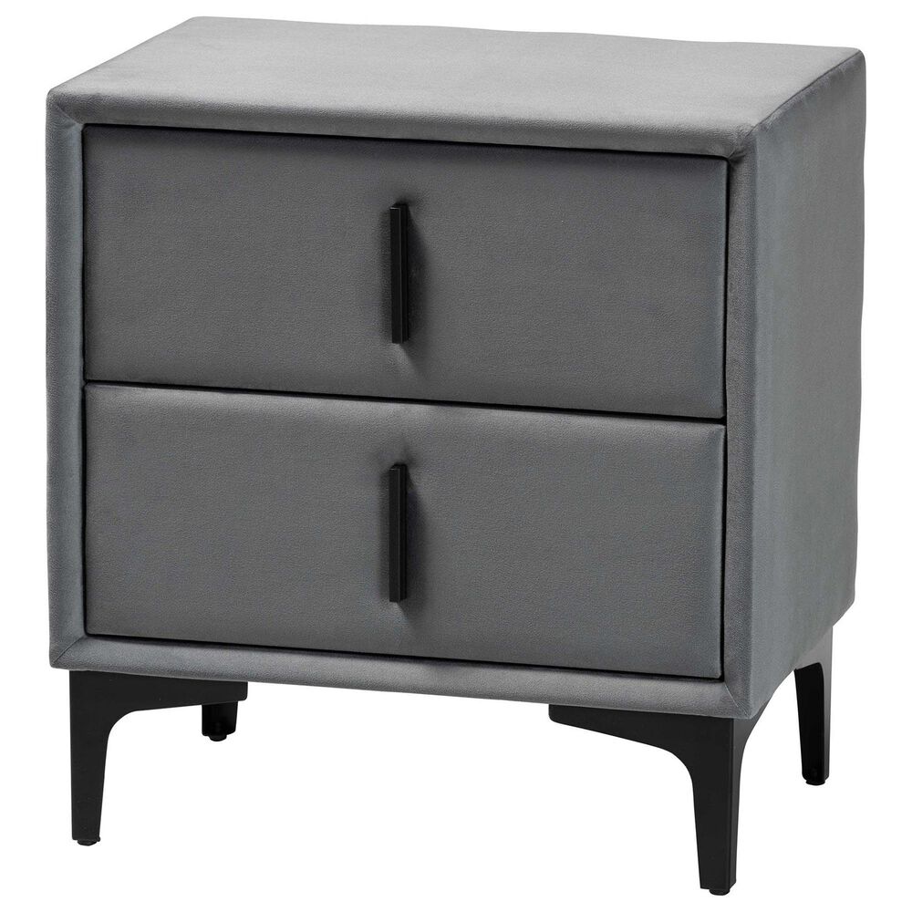 Baxton Studio Etienne 2-Drawer Nightstand with Slate Grey Velvet Upholstery in Black, , large