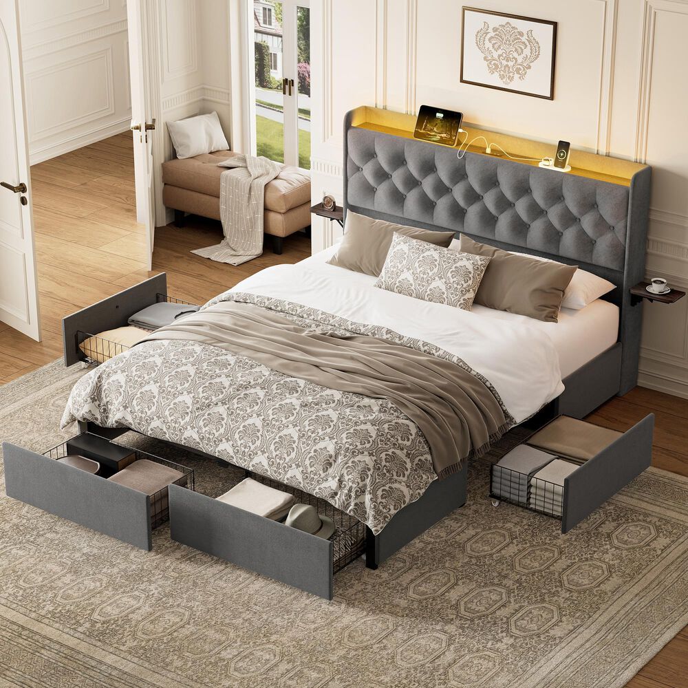 HOMLUX Full Upholstered Platform Storage Bed with Headboard Shelf and USB Charging Station in Gray, , large