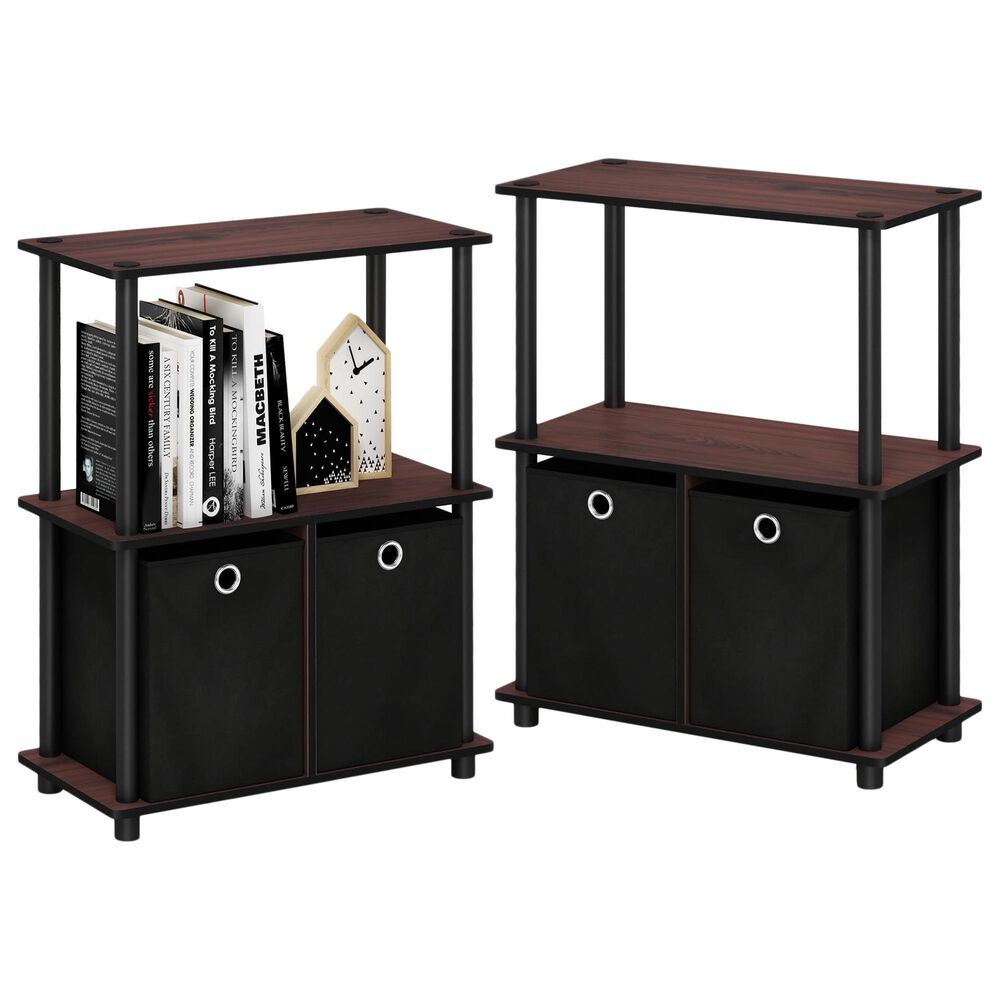 HOMLUX 3-Tier Multi-Purpose Bookcase with Two Bins in Dark Cherry and Black (Set of 2), , large
