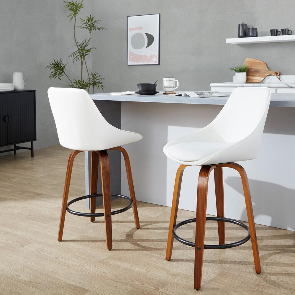 LumiSource Diana 26" Swivel Counter Stool with White Faux Leather Upholstery in Walnut and Black (Set of 2), , large