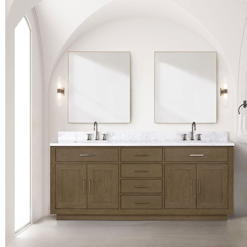 Lexora Home Abbey 80&quot; Double Bathroom Vanity in Grey Oak with 2 cm White Carrara Marble Top and Rectangular Sinks, , large