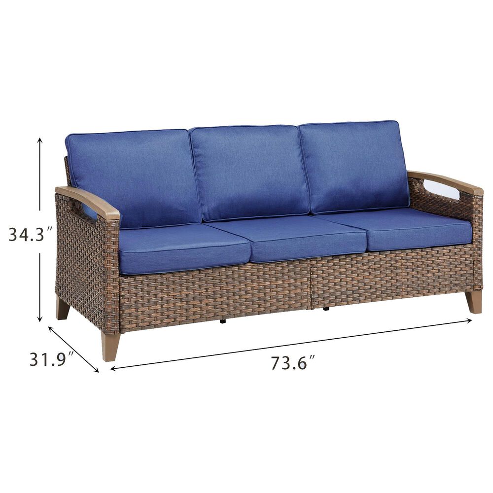 Sunwell Garden 34"H 3-Seater Outdoor Sofa with U-Shaped Armrests and Navy Cushions in Brown, , large