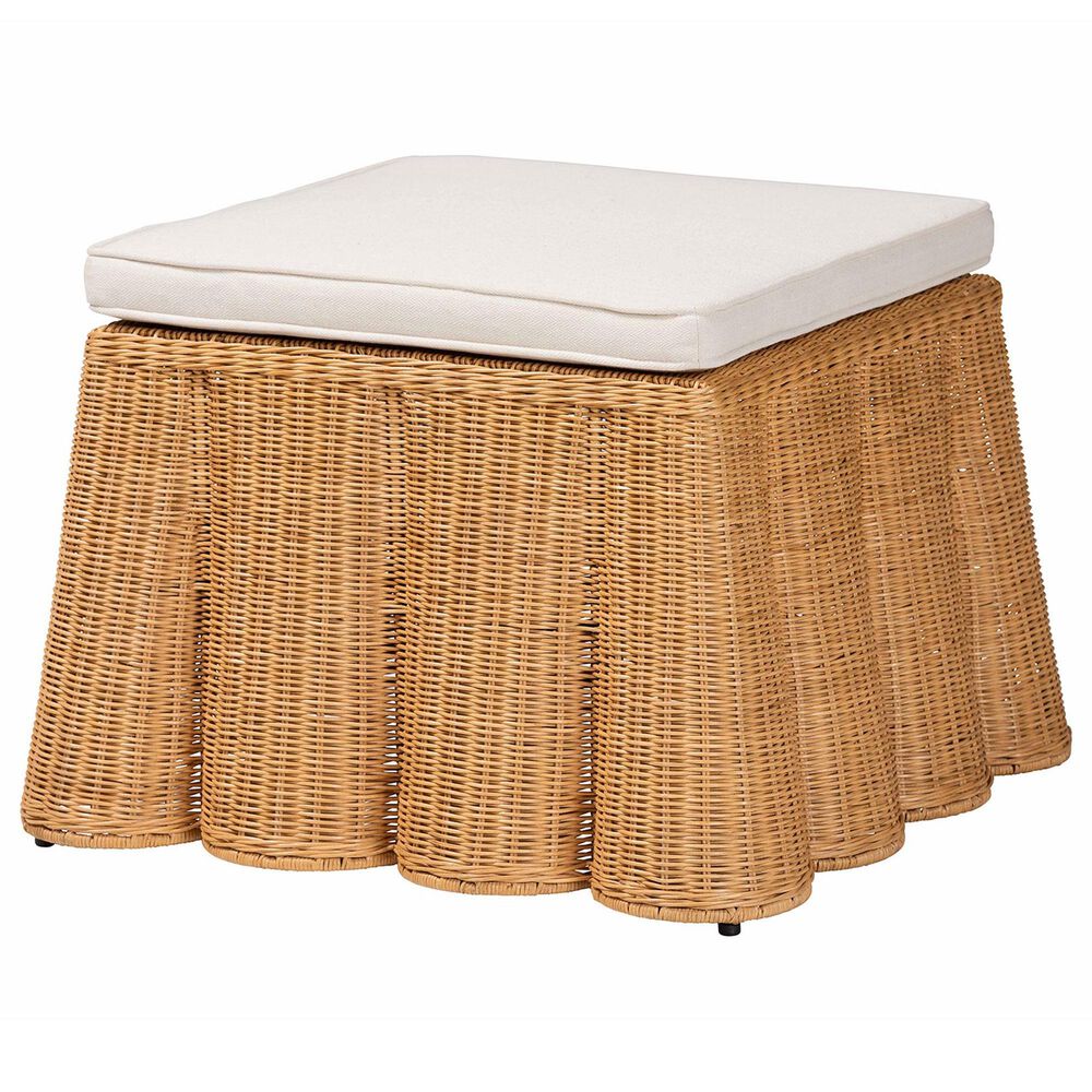 Baxton Studio Palm 27" Square Ottoman with Light Honey Rattan in White, , large
