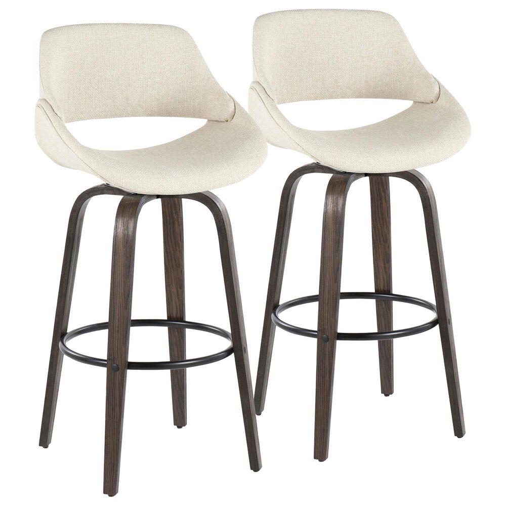 LumiSource Fabrico 30" Swivel Fixed-Height Bar Stool with Cream Noise Fabric Upholstery in Black and Glazed Walnut (Set of 2), , large