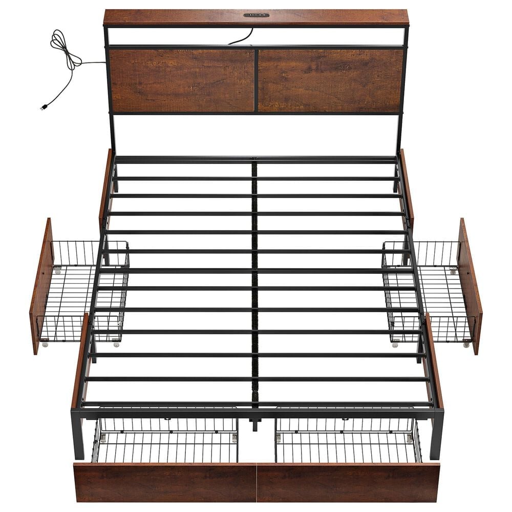 HOMLUX Full 4-Drawer Storage Bed with LED Headboard in Rustic Brown, , large