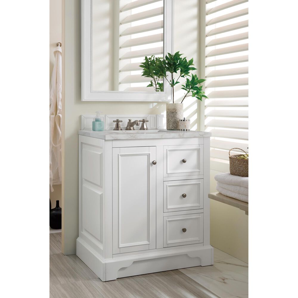 James Martin Vanities De Soto 30" Single Bathroom Vanity in Bright White with 3 cm Victorian Silver Quartz Top and Rectangular Sink, , large