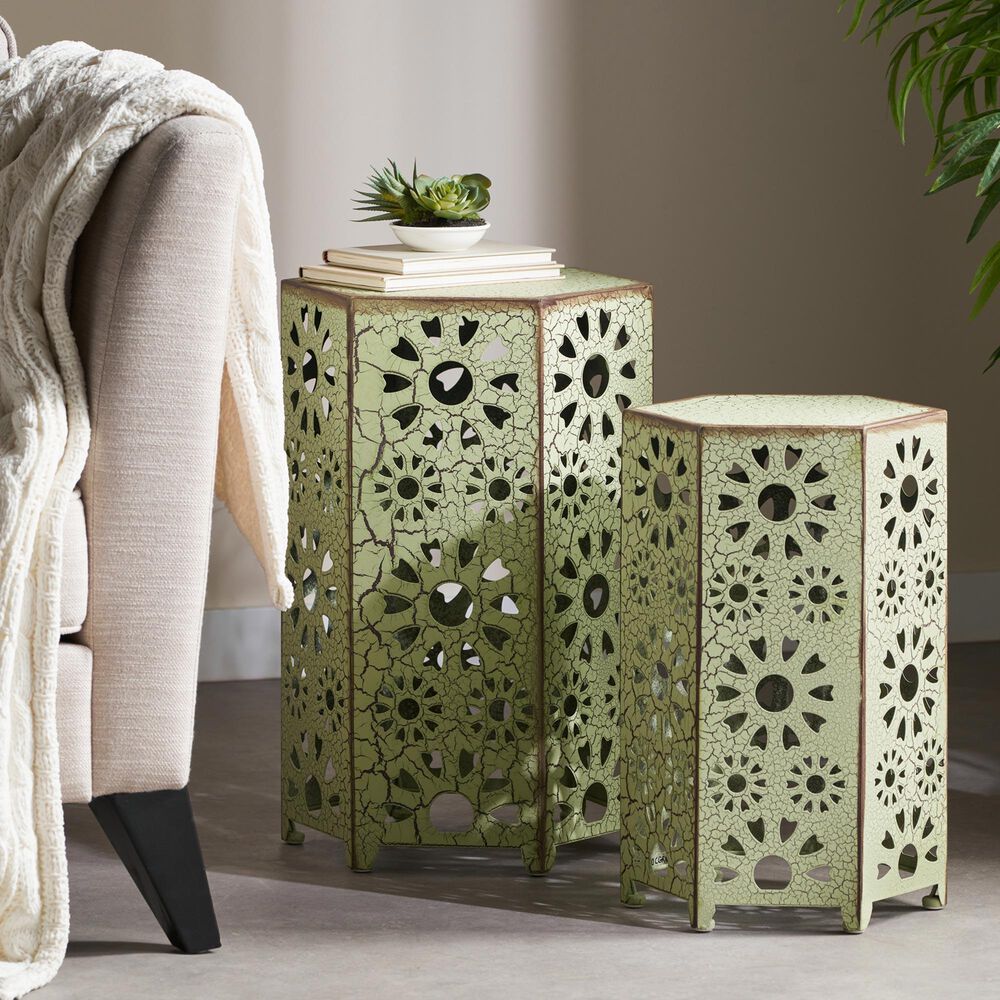 Hearth and Haven Eliana 2-Piece Outdoor Hexagon Metal Side Table Set with Sunburst Cut Out Design in Green, , large