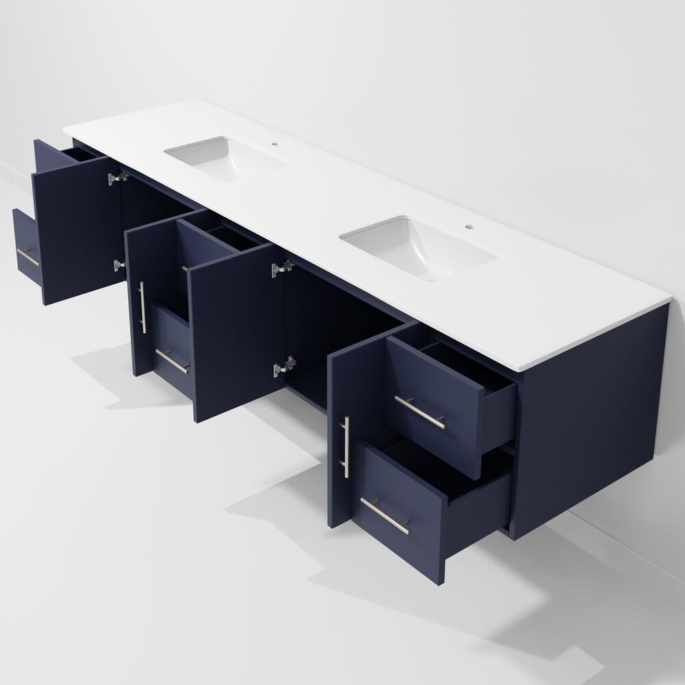 Lexora Home Geneva 84" Double Bathroom Vanity in Navy Blue with 2 cm White Quartz Top and Rectangular Sinks, , large