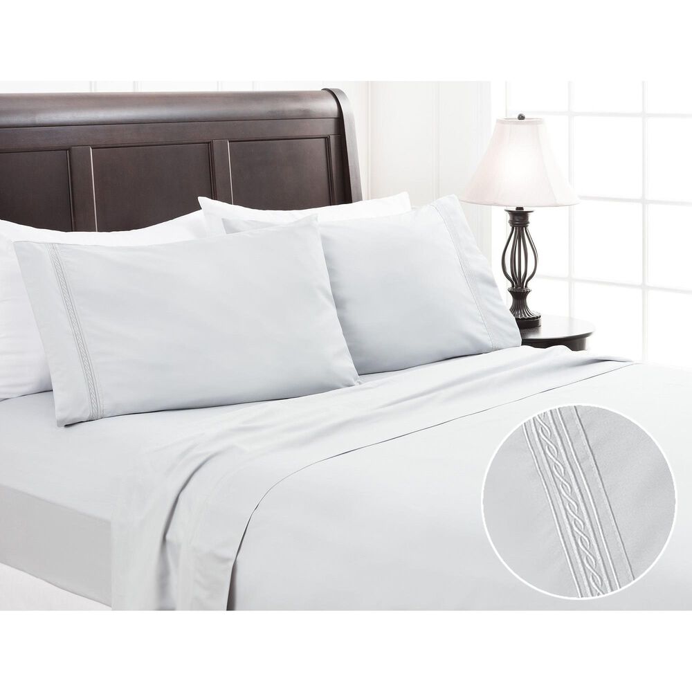 4-Piece Queen Solid Embroidered Sheet Set in Silver, , large