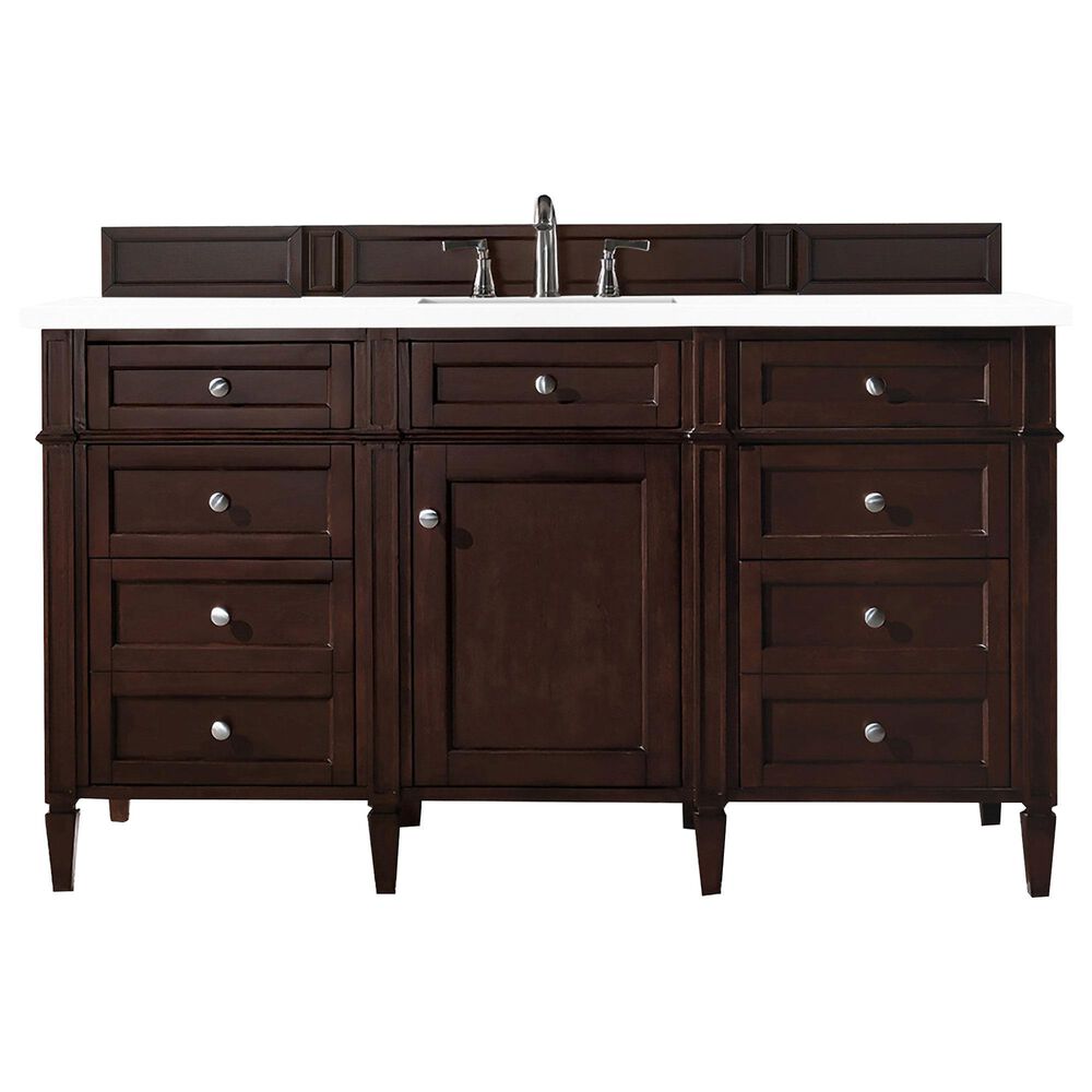 James Martin Vanities Brittany 60" Single Bathroom Vanity in Burnished Mahogany with 3 cm White Zeus Quartz Top and Rectangular Sink, , large