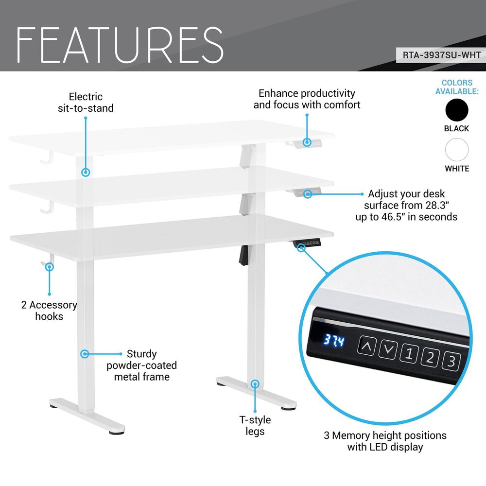 Rta Products Llc Vega Electric Standing Desk in White, , large