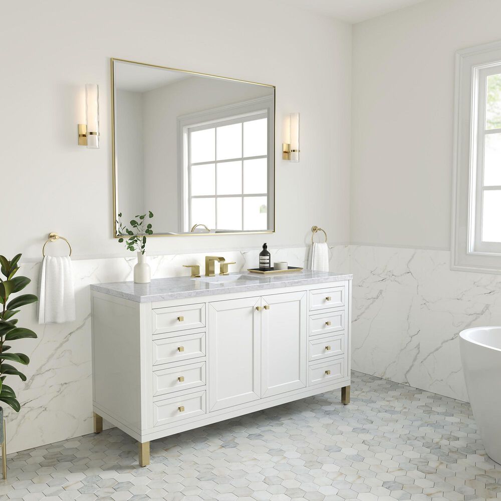 James Martin Vanities Chicago 60&quot; Single Bathroom Vanity in Glossy White with 3 cm Carrara White Marble Top and Rectangular Sink, , large