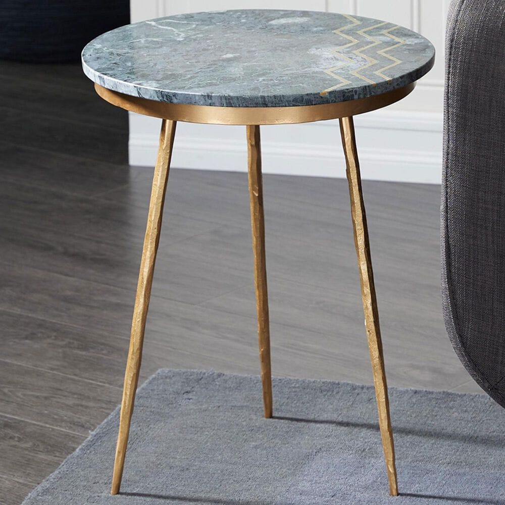 Maple and Jade Accent End Table with Metal Tripod Legs and Zig-Zag Detail in Matte Green and Satin Gold, , large