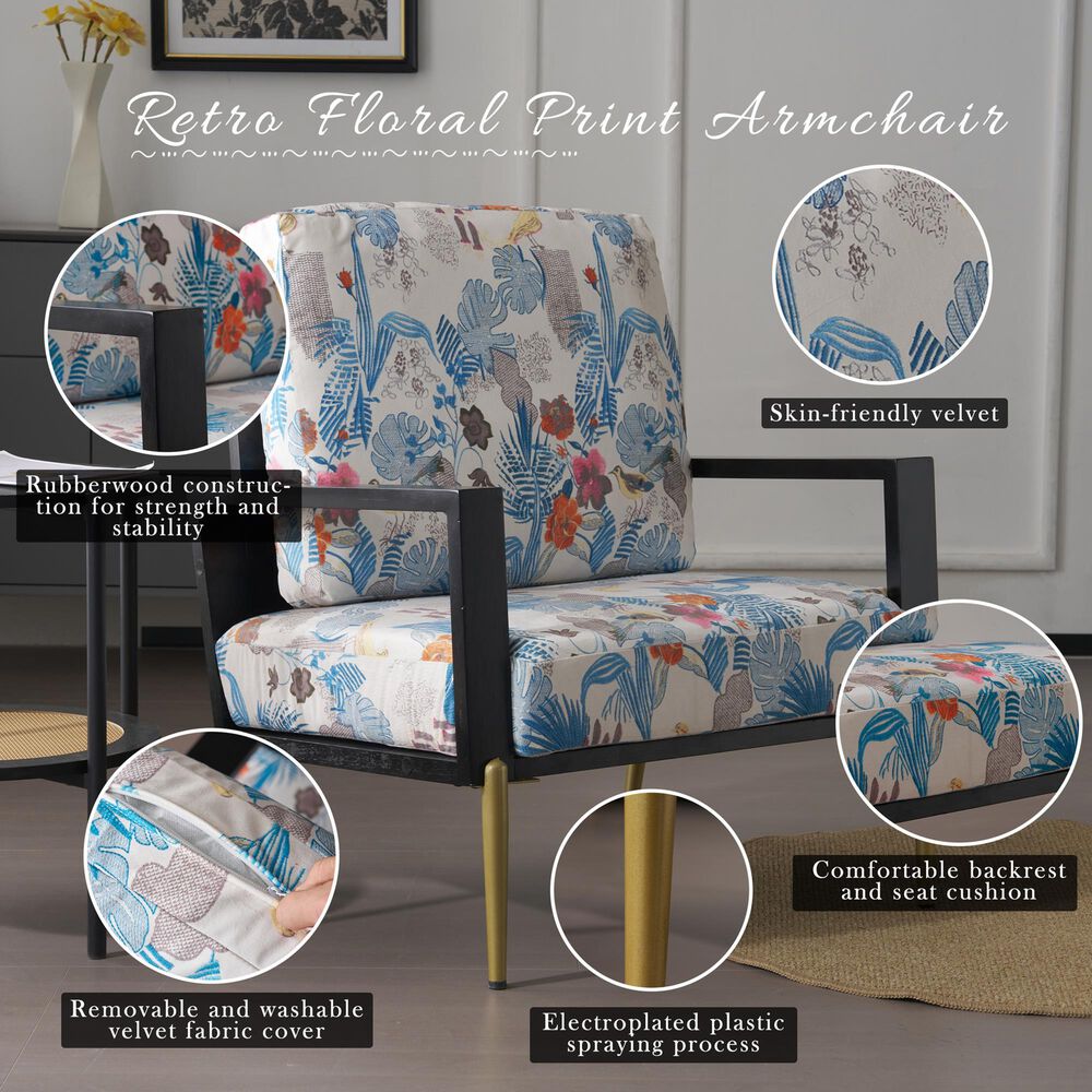 Hearth and Haven Floral Velvet Lounge Arm Chair with Gold Metal Legs in Blue, , large