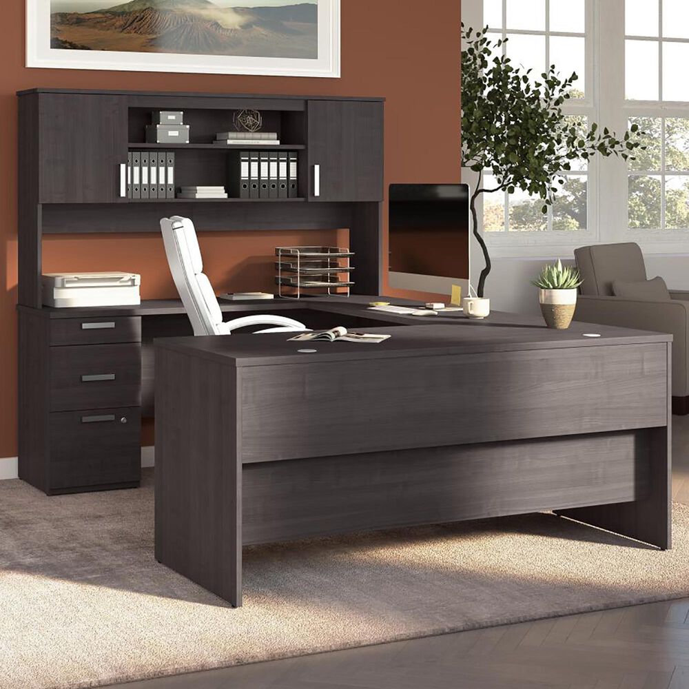 Bestar Ridgeley 65" UShaped Desk with Hutch in Charcoal Maple NFM