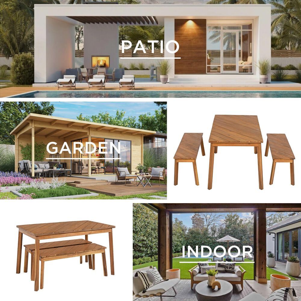 Hearth and Haven 3-Piece Patio Dining Set with Dining Table and Benches in Natural, , large