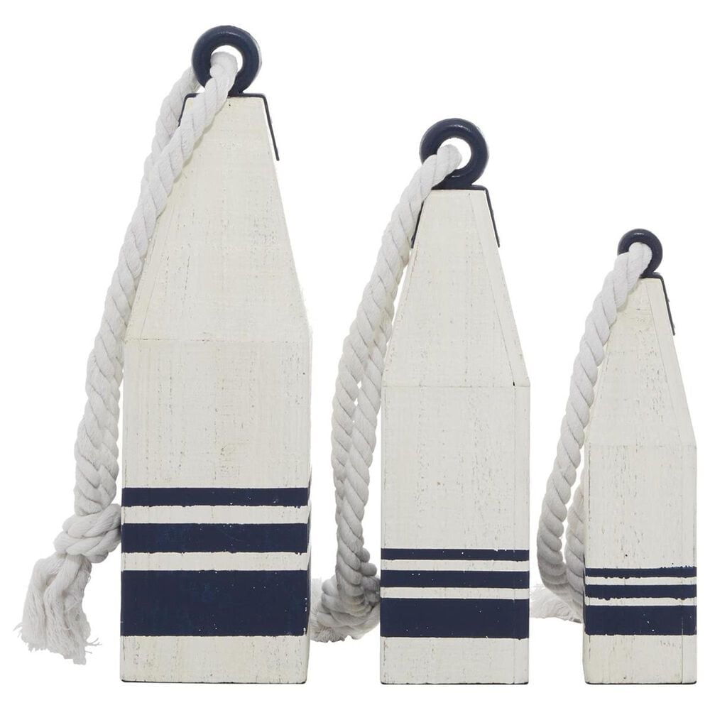 Maple and Jade 3-Piece Buoy Decorative Sculpture Set with Rope in Distressed White and Navy Blue, , large
