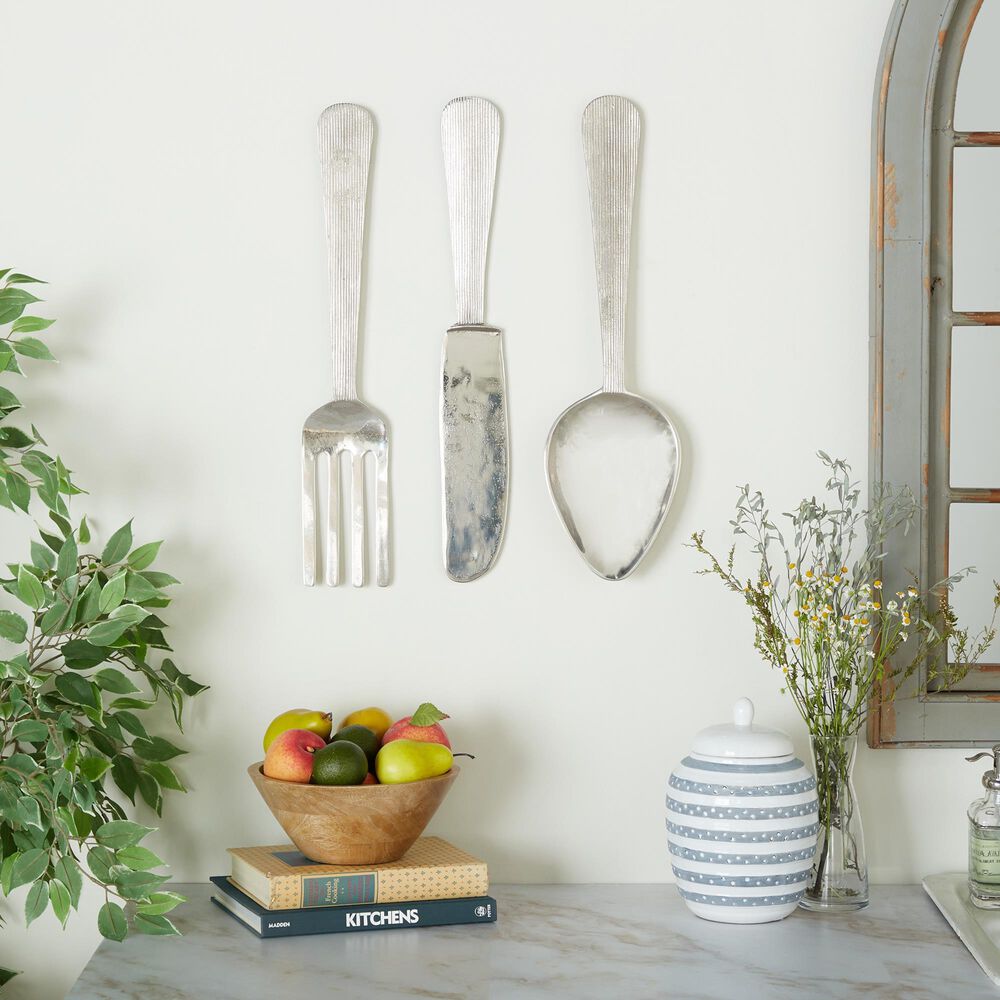 Maple and Jade 23&quot; x 6&quot; Kitchen Utensils Wall Decor in Silver &#40;Set of 3&#41;, , large