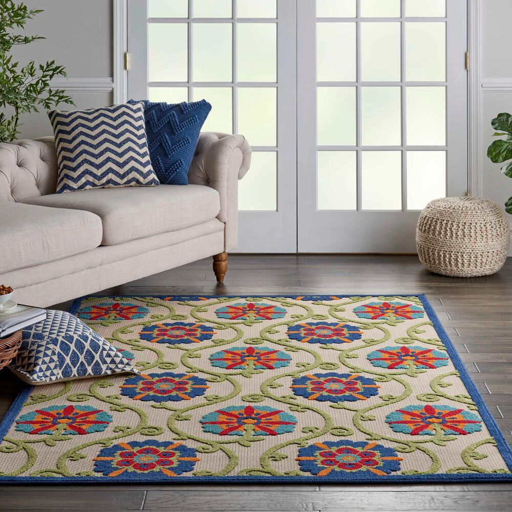 Nourison Aloha ALH19 6&#39; x 9&#39; Blue and Multicolor Indoor/Outdoor Area Rug, , large