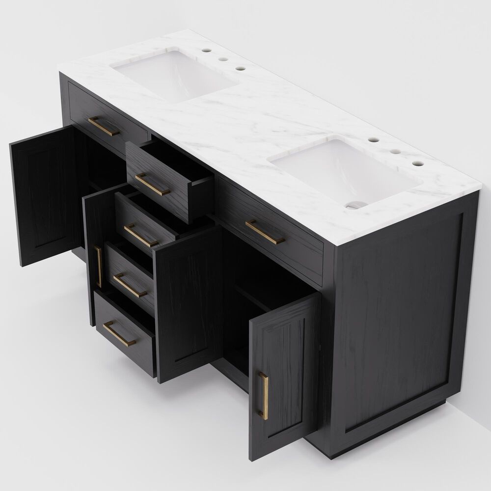 Lexora Home Abbey 60&quot; Double Bathroom Vanity in Black Oak with 2 cm White Carrara Marble Top and Rectangular Sinks, , large