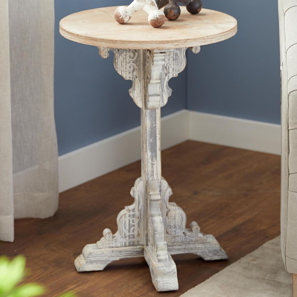 Maple and Jade Intricately Carved Scroll Accent End Table in Distressed Gray and Dark Brown, , large