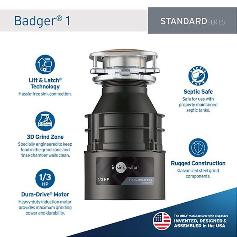 InSinkerator Badger 1 Garbage Disposal 1/3 HP with Cord in Waterborne Gray Enamel, , large
