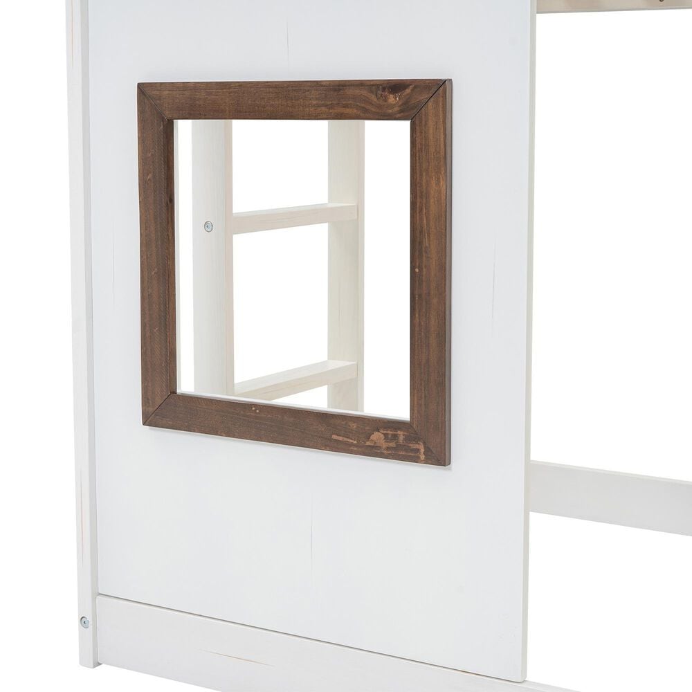 Hearth and Haven Twin over Twin House Bunk Bed with Roof in White and Brown, , large