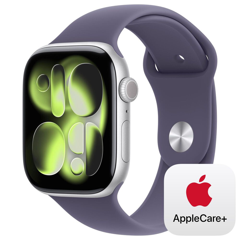 Apple Watch Series 11 (GPS) 46mm Aluminum Case with Purple Fog Sport Band - M/L in Silver and 2-Year AppleCare+, , large
