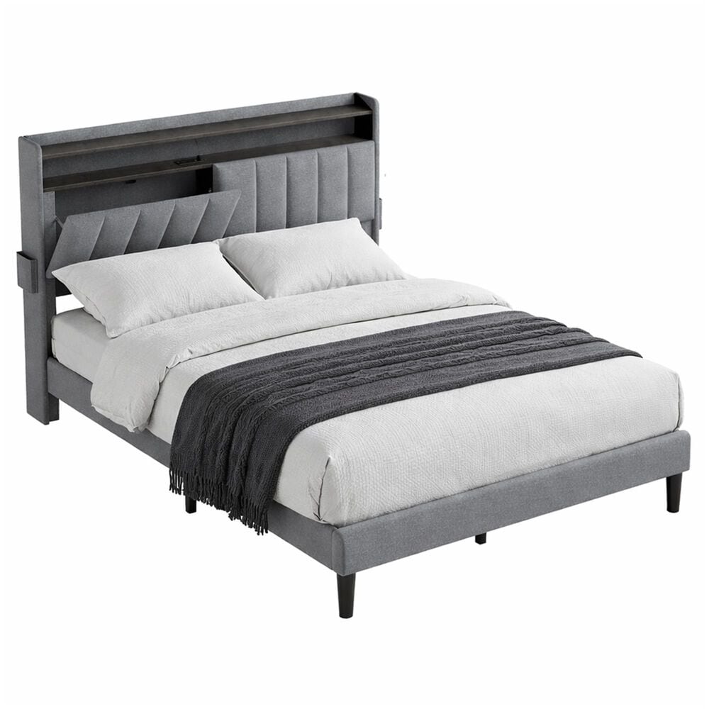 HOMLUX Full Storage Platform Bed with LED Headboard with Charging Station in Gray, , large