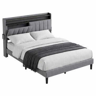 HOMLUX Full Storage Platform Bed with LED Headboard with Charging Station in Gray, , large