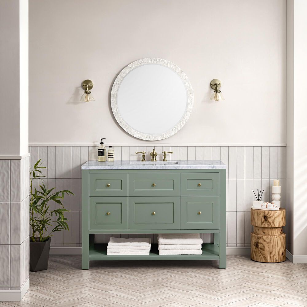 James Martin Vanities Breckenridge 48" Single Bathroom Vanity in Smokey Celadon with 3 cm Carrara White Marble Top and Rectangular Sink, , large